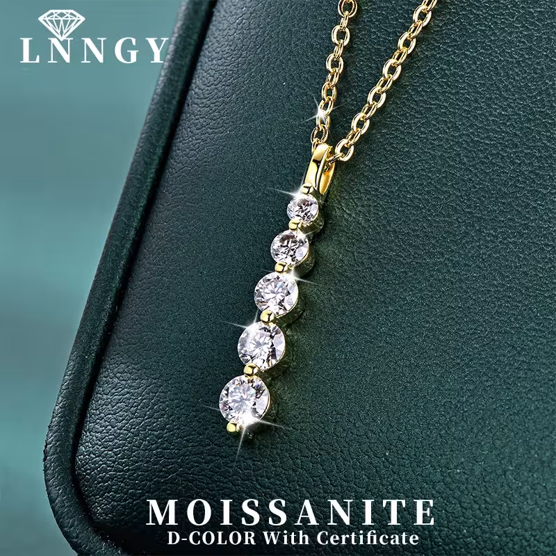 Moissanite pakabukas su 5 akmenimis, 14K auksuotas ilgas kaklo papuošalas moterims