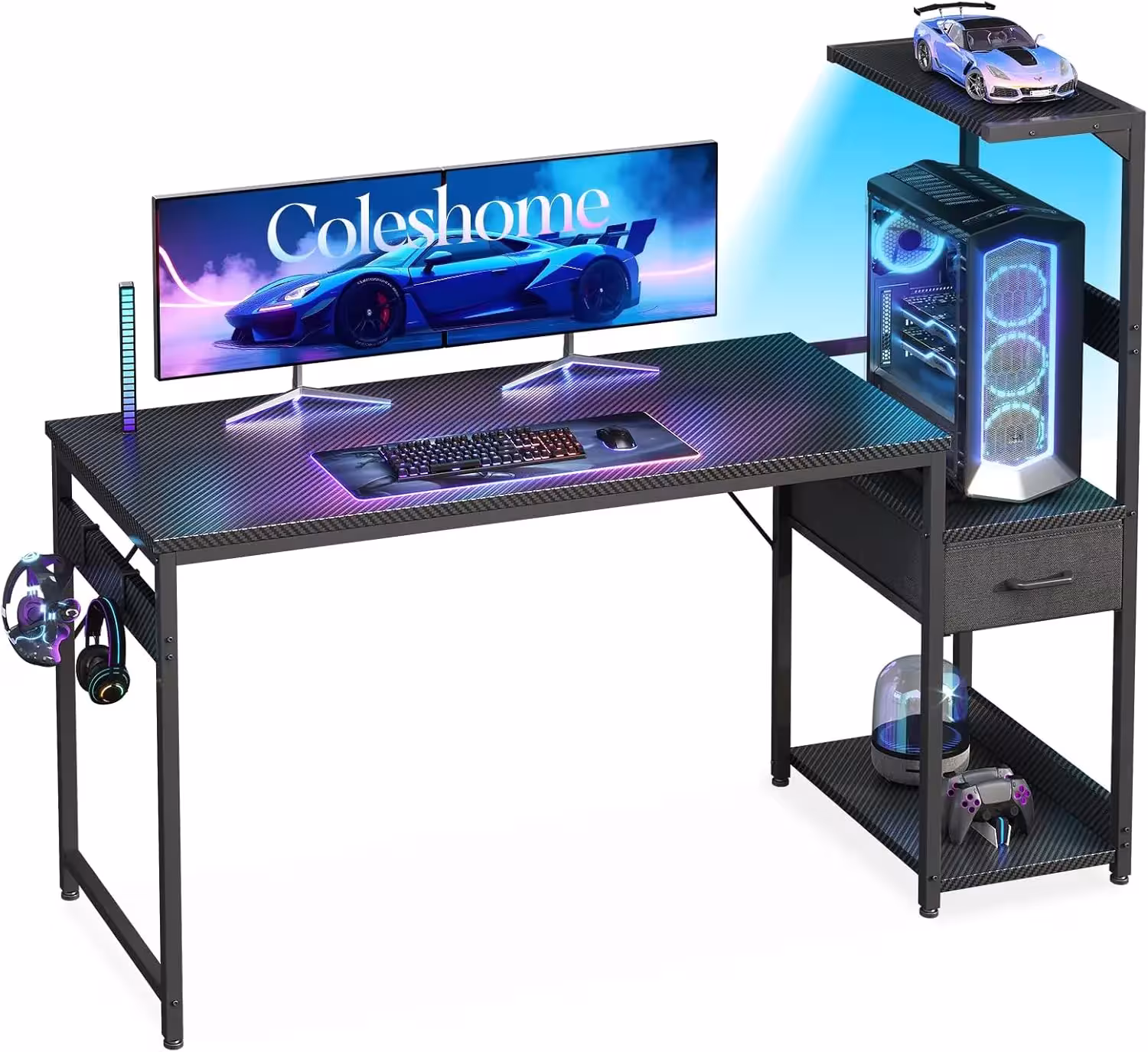 Escritorio de juegos Coleshome con iluminación LED, 138x48 cm, con cajones y estante