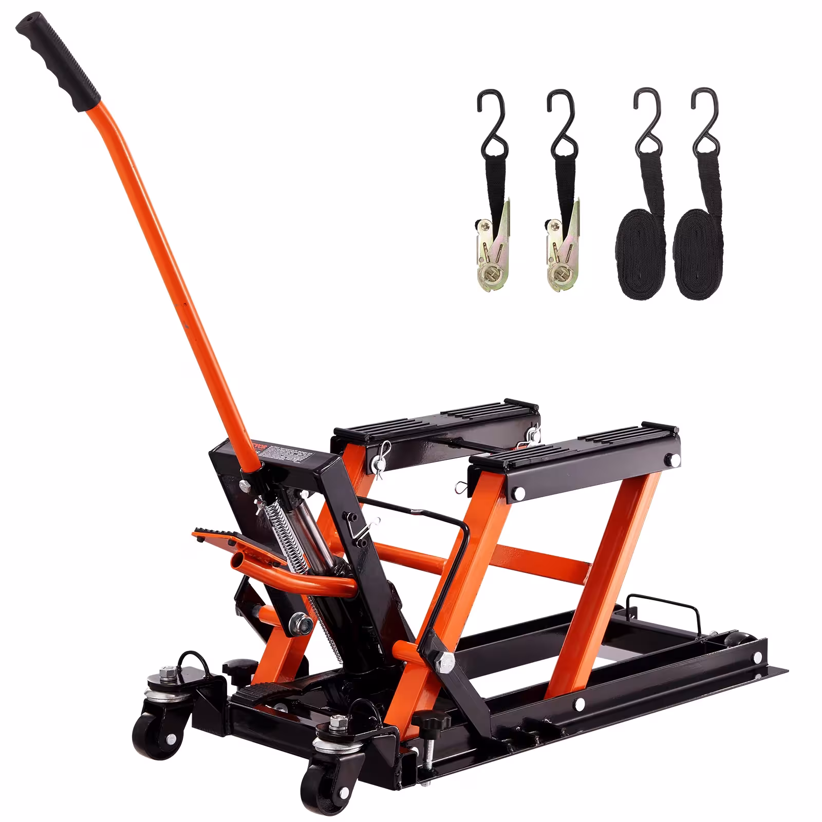 Sollevatore idraulico per moto ATV, con meccanismo a forbice in acciaio, portata 1500 lbs, altezza 4.7–15 pollici.