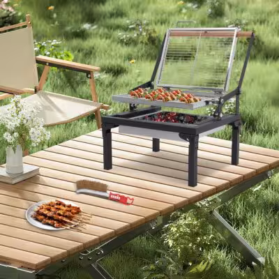 Foldable Charcoal Grill Portable Camping BBQ Grill with 360° Rotating Grate 18.9x14.96x13.78in for 3-4 People Outdoor Cooking 2