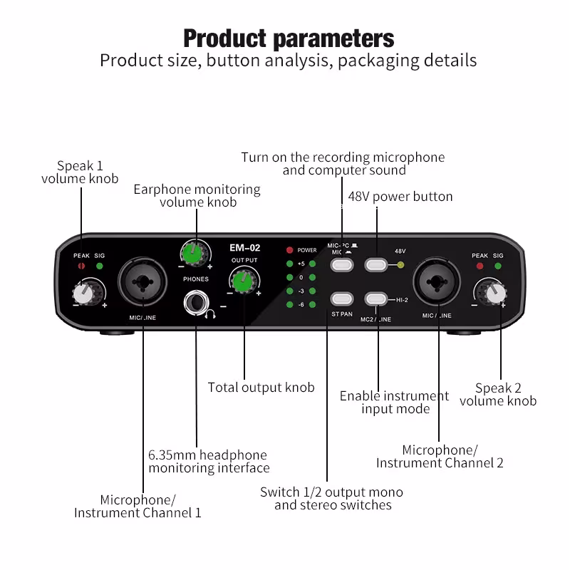 Audio interface with microphone 48V power supply, 32-bit/384kHz resolution, for electric guitar and studio use