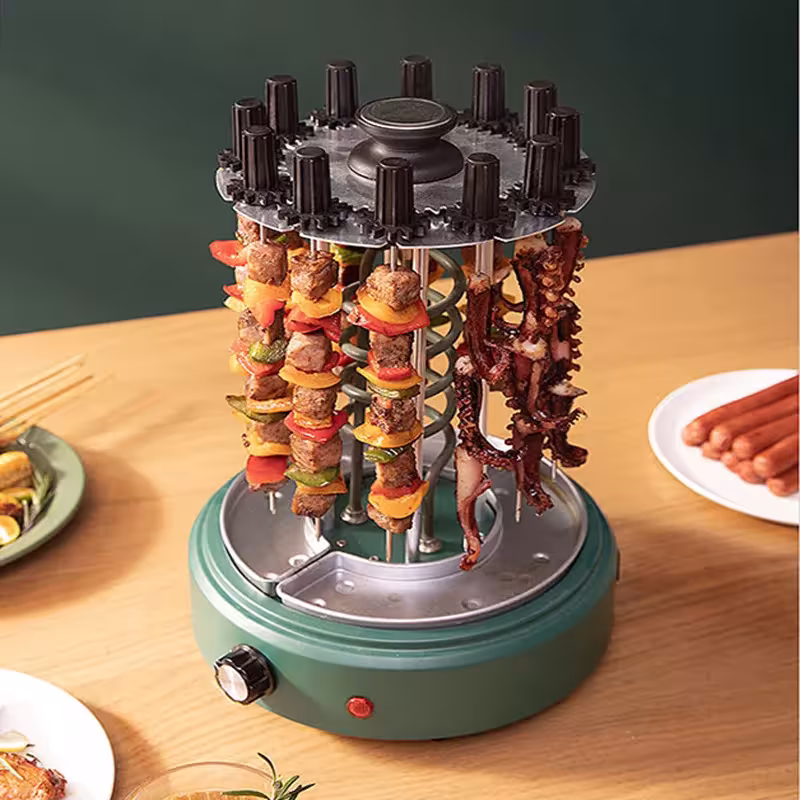 Parrilla vertical eléctrica para brochetas de 1200W, 12 brochetas, acero inoxidable, rotación automática
