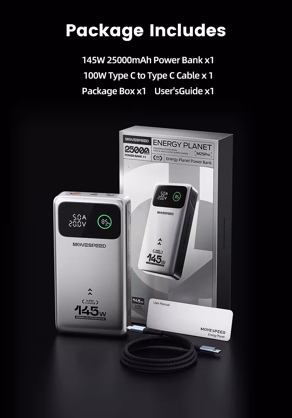 External battery with 25000mAh capacity,