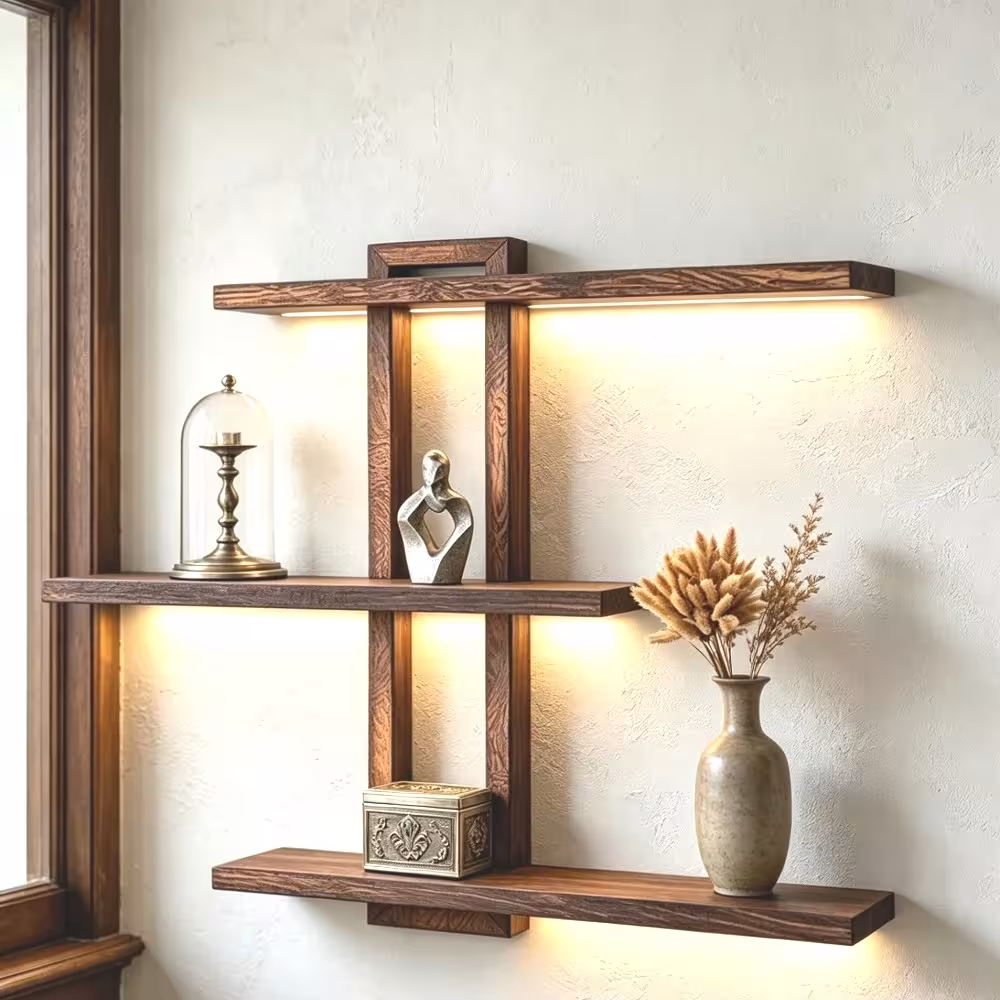 Three-layer wall shelf, adjustable, wooden, rustic bathroom and kitchen organization system