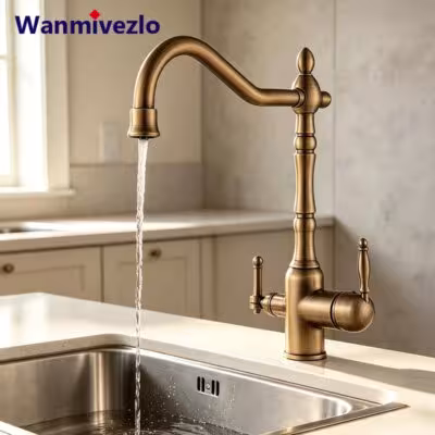 Antique Brass Kitchen Faucet with Filtered Water Outlet, Dual Handle Independent Control, Left for Filter Water Right for Hot Cold Mixer, Gooseneck 360° Rotatable Single Hole Farmhouse Sink Tap 1