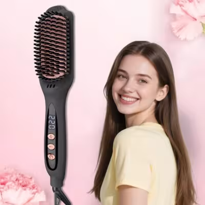 Ionic Hair Straightener Brush for Frizz-Free & Smooth Results – Ceramic Straightening Brush with 12 Temp Settings(250-450°F), Ideal for Medium & Long Hair, Dual Voltage & Fast Heating 1