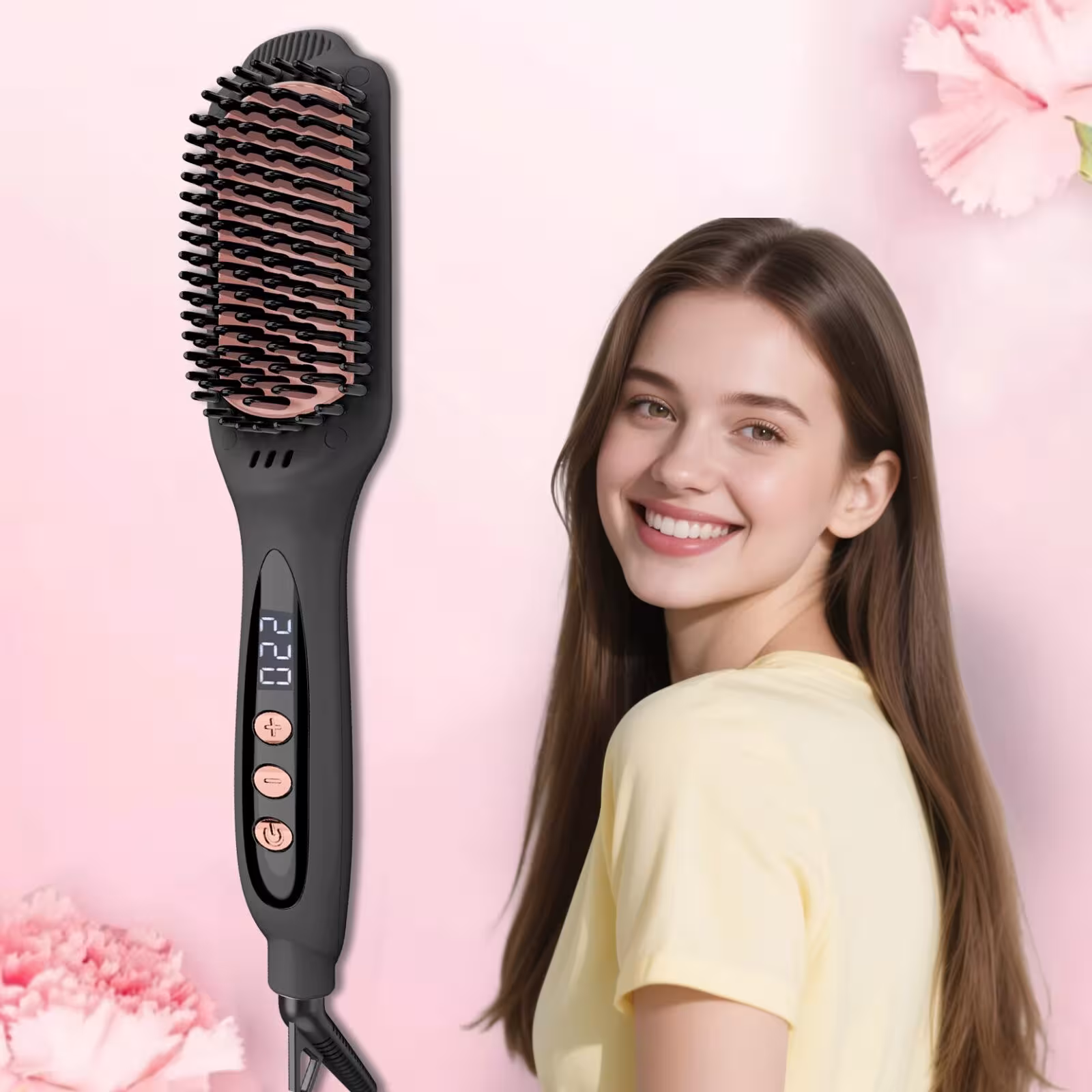 Ionic Hair Straightening Brush, Ceramic, 12 Temperature Settings, 250-450°F, Dual Voltage