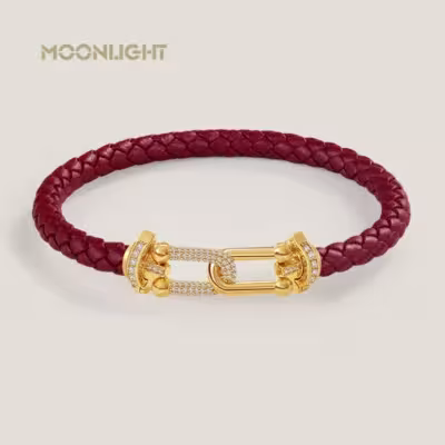 Pulsera MOONLIGHT de circonita en forma de U para mujer, con trenzado de cuero natural, disponible en 8 colores