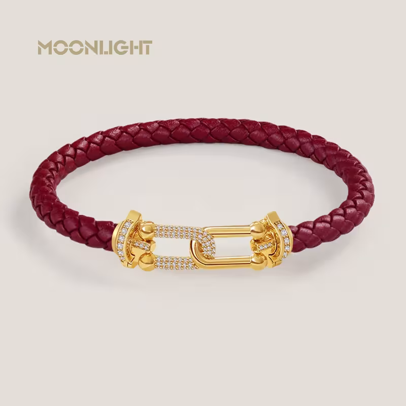 Pulsera MOONLIGHT de circonita en forma de U para mujer, con trenzado de cuero natural, disponible en 8 colores