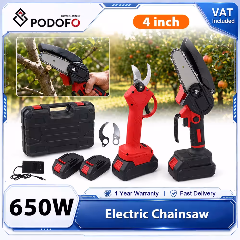 Tronçonneuse mini sans fil Podofo de 4 pouces, 21V, avec 2 batteries de 1300mAh et chargeur EU