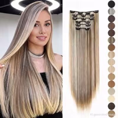 Synthetic hair extensions - clips, 24 inches long, straight hair extensions, 16 clips, artificial hair
