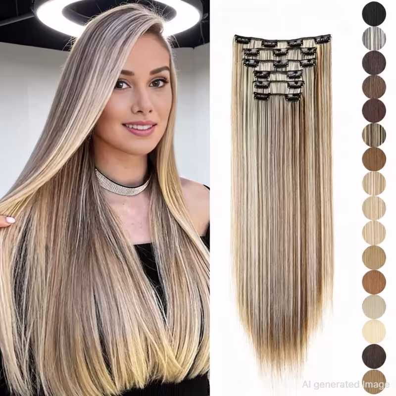Synthetic hair extensions - clips, 24 inches long, straight hair extensions, 16 clips, artificial hair