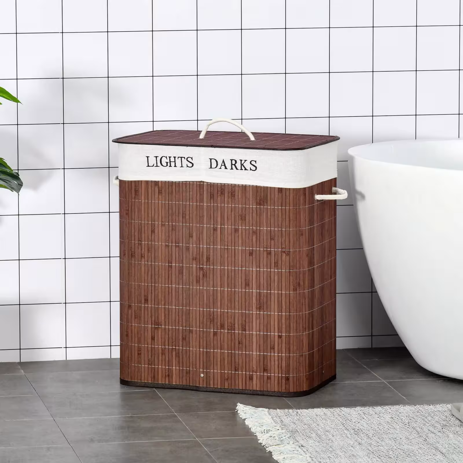 Foldable laundry basket made of bamboo with a lid, 100L, in a golden brown color.