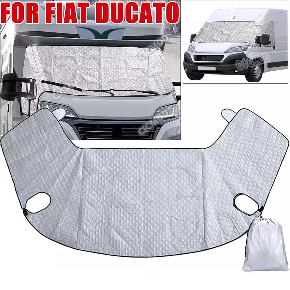 Heated windshield cover for Fiat Ducato, Peugeot Boxer, and Citroen Relay vans.
