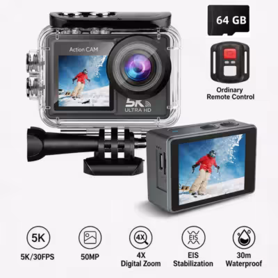 Cámara deportiva 5K con 4K60FPS, pantalla táctil de 2.0 pulgadas, WiFi y protección contra el agua hasta 30 metros.