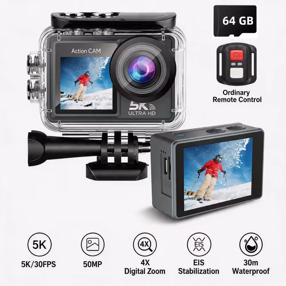 5K Sportinė kamera 4K60FPS su 2.0 colio jutikliniu ekranu, WiFi ir 30m apsauga nuo vandens