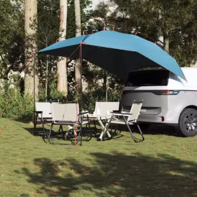 Blue car trunk tent for travel and camping in nature