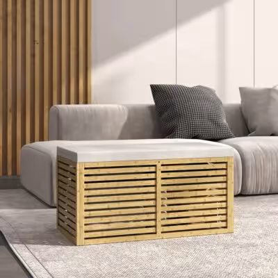Storage Bench, Upholstered Storage Truck in Linen-Like Fabric, Lid and Structure in Bamboo, Gray-Natural 1