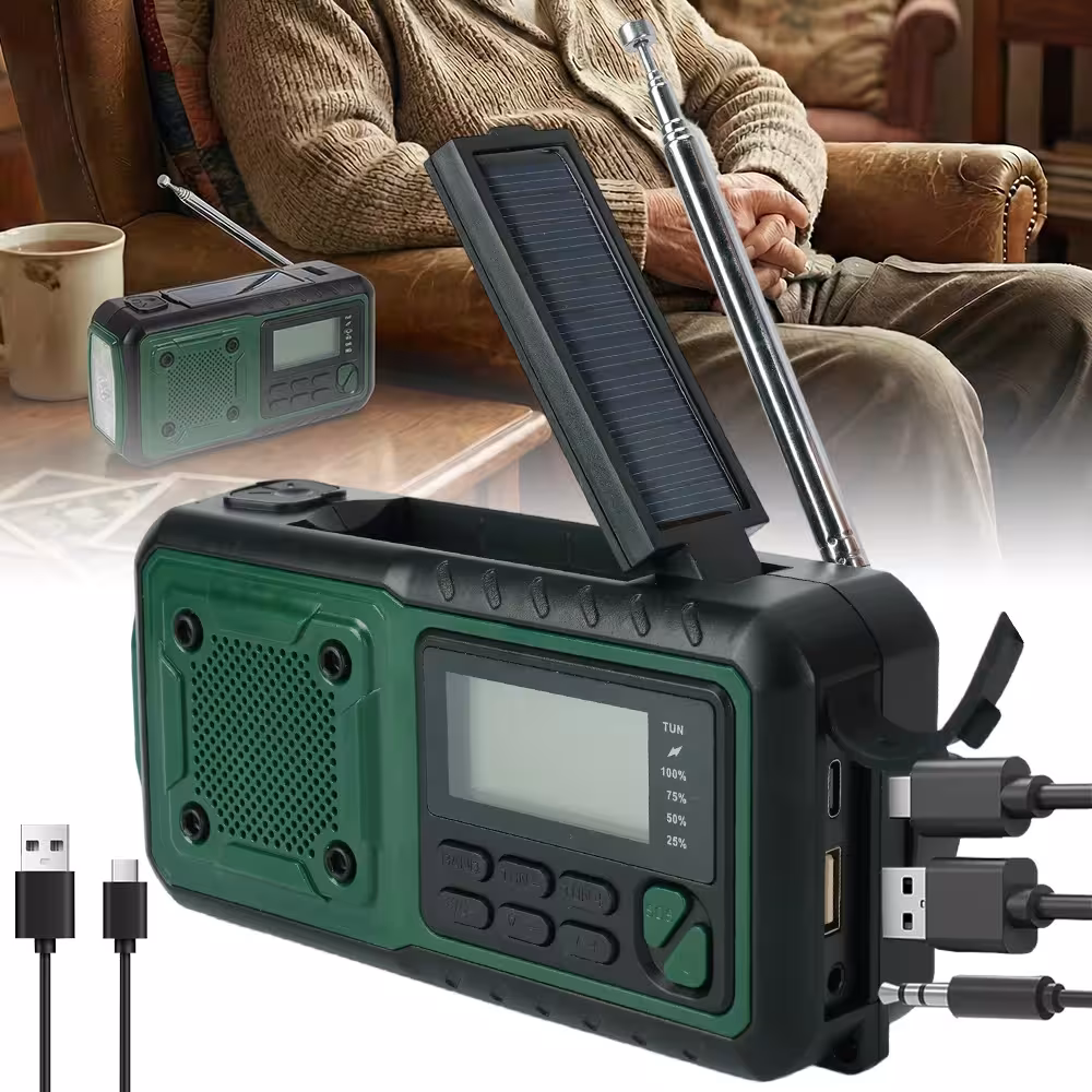 Saulės energijos avarinis radijas AM/FM su žibintuvėliu, akumuliatoriumi ir SOS signalu