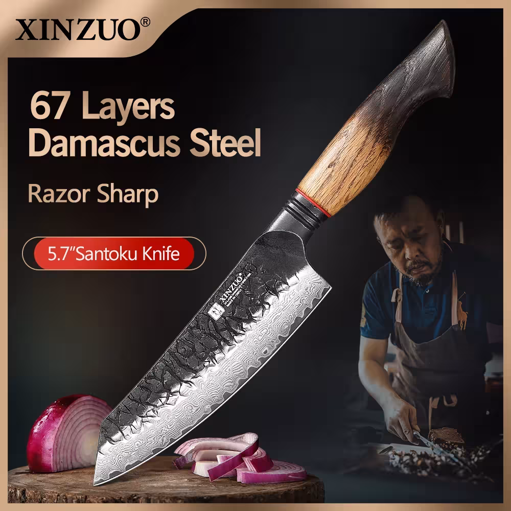 XINZUO Santoku peilis 5.7 col., 67 sluoksnių Damasko plienas, ąžuolo ir G10 rankena, su dovanų dėžute