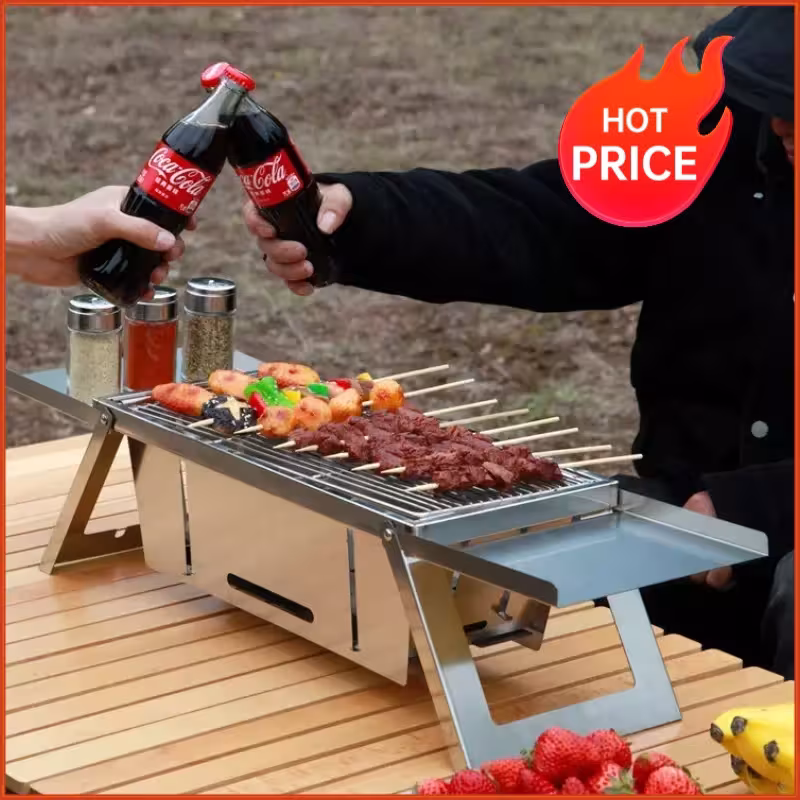 Parrilla de carbón plegable de acero inoxidable, parrilla compacta para exteriores