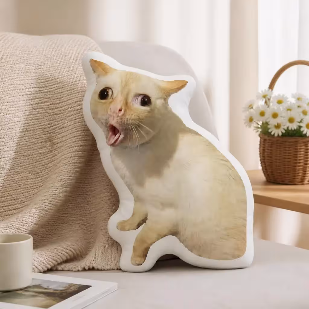 Almohada de gato sorprendido con motivo de meme, cojín decorativo de forma irregular para sofá y cama