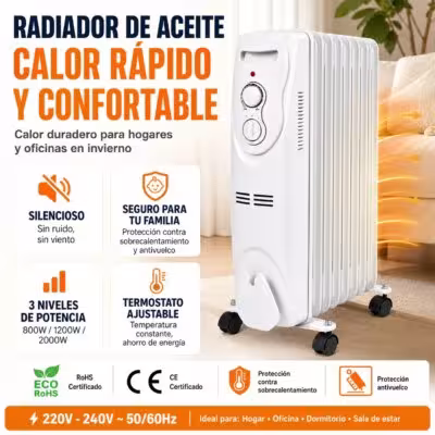 Portable oil radiator 2000W, 3 power levels 800W/1200W/2000W, adjustable thermostat, tip-over and overheating protection, swivel wheels, quiet heater for home and office 220-240V 1