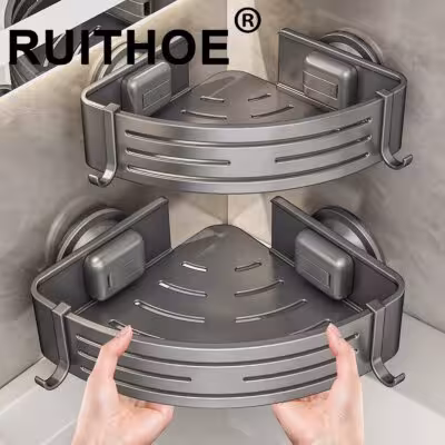 Bathroom Shelf for Shower Corner with Towel Holder Hooks, Suction Cup Wall Mounted Grey Bathroom Rack Space Aluminum 1