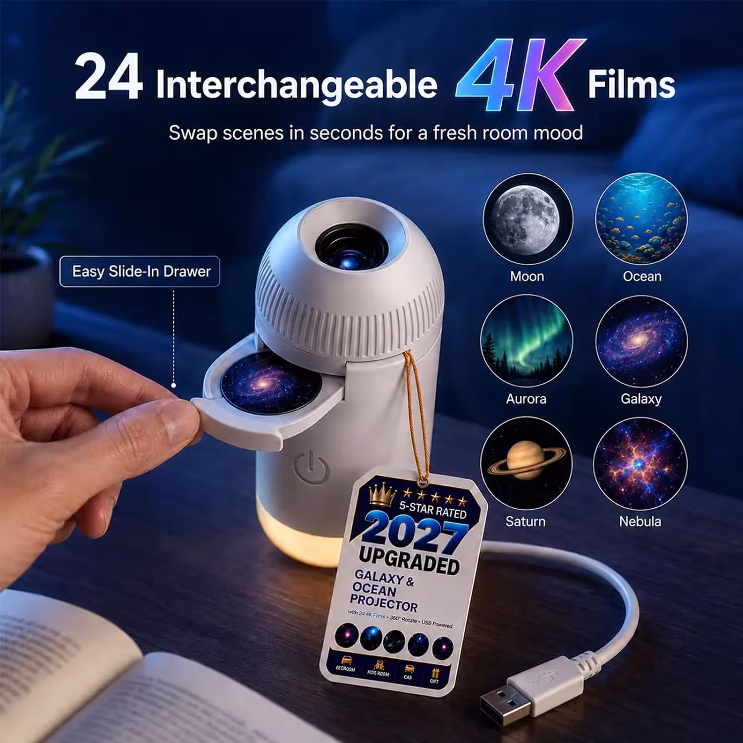 Starry sky projector with USB power, 360° adjustable night light