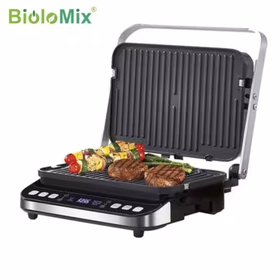 BioloMix 2000W Digital Contact Grill Features 180 Degree Open Design Optional Waffle Maker Plates for Panini BBQ and More 1