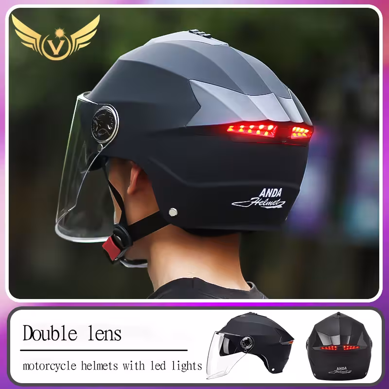 Casco de moto con luces LED y doble visor, para ciclomotor/scooter eléctrico, para hombre y mujer