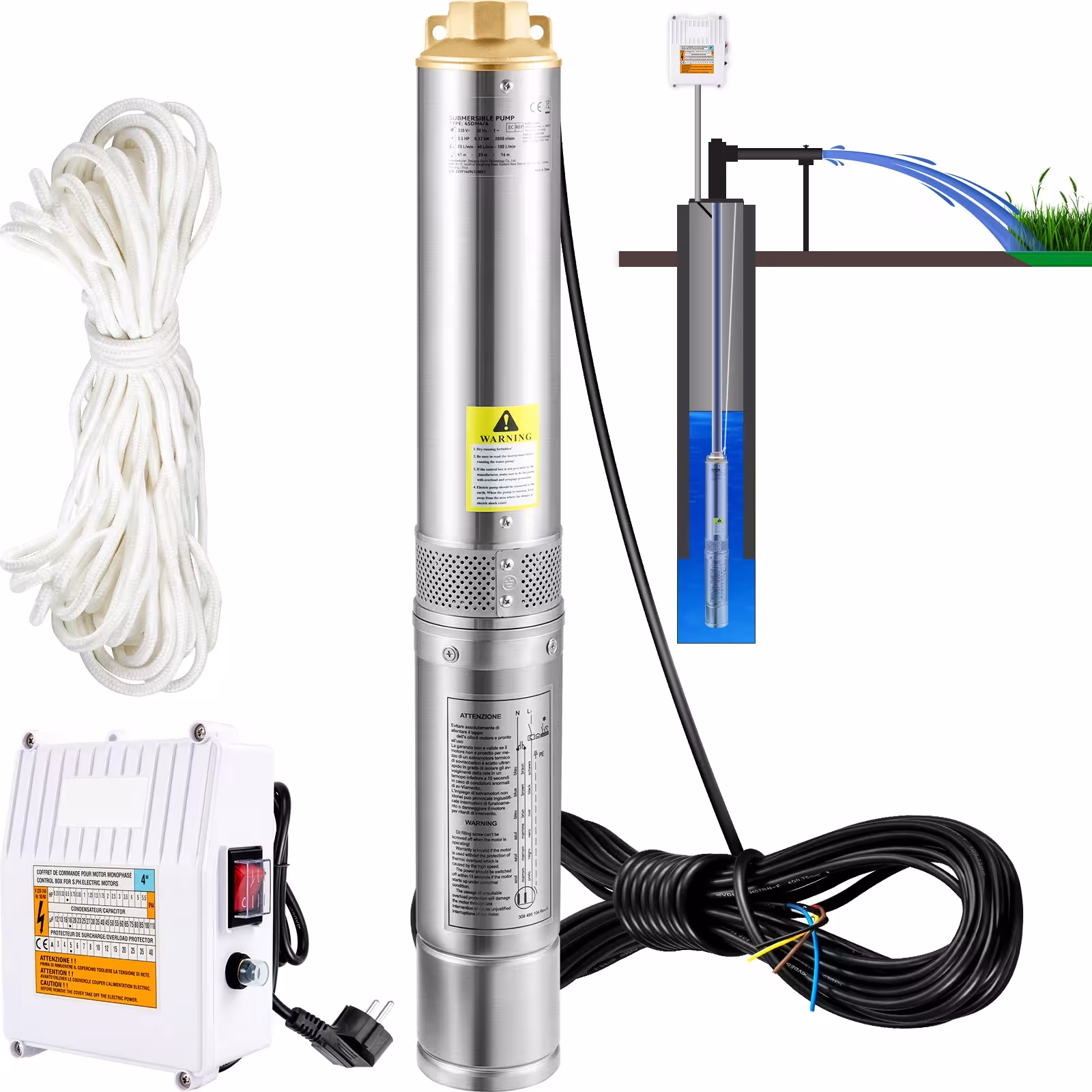 Pompe submersible SucceBuy en acier inoxydable 370W-1100W, débit élevé