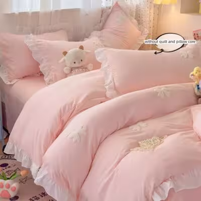 3 Piece Sheet Set  pink bowknot embroidery Quilt Set ， comfortable embroidery  Bedding Set Bedspread for All Season 1