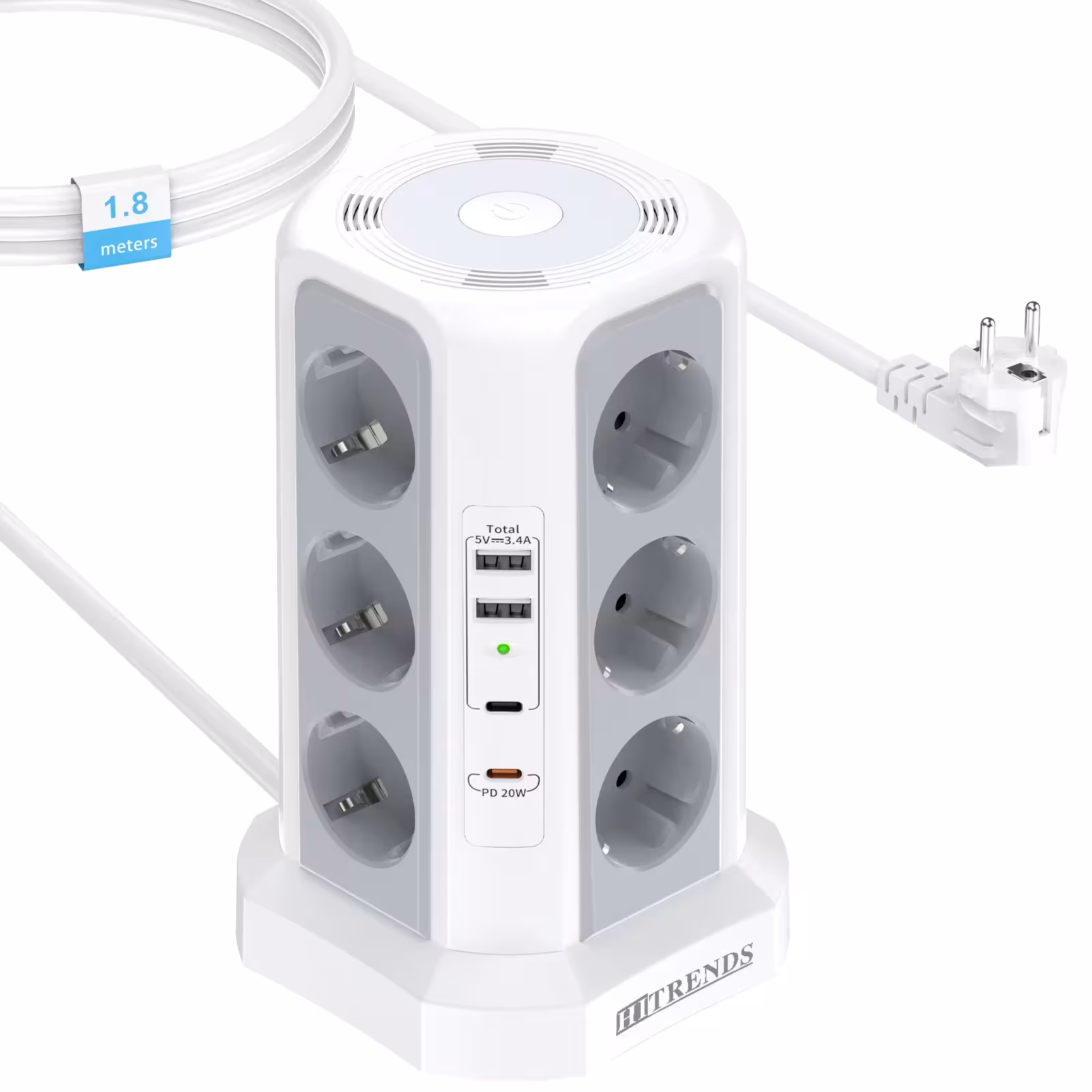 12-outlet power strip with night light, 2 USB-A and 2 USB-C ports, 1.8m cable