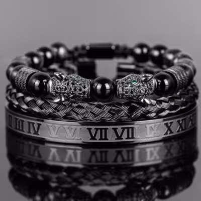 Juego de pulseras masculinas de cuentas de ónix negro, 3 unidades.