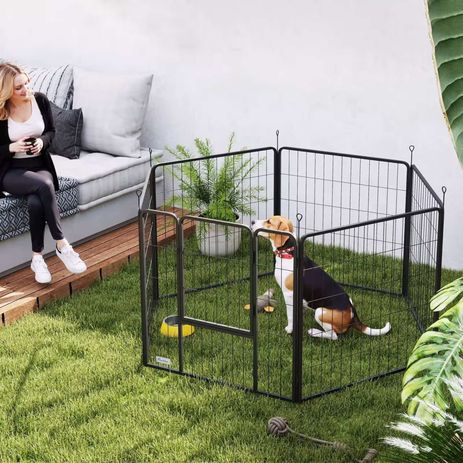 Valla modular para perros, 6 piezas, plegable, gris, con puerta y estacas