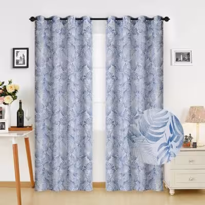 100% natural linen curtains with a tropical leaf pattern, 140x260cm, decorative with tassels