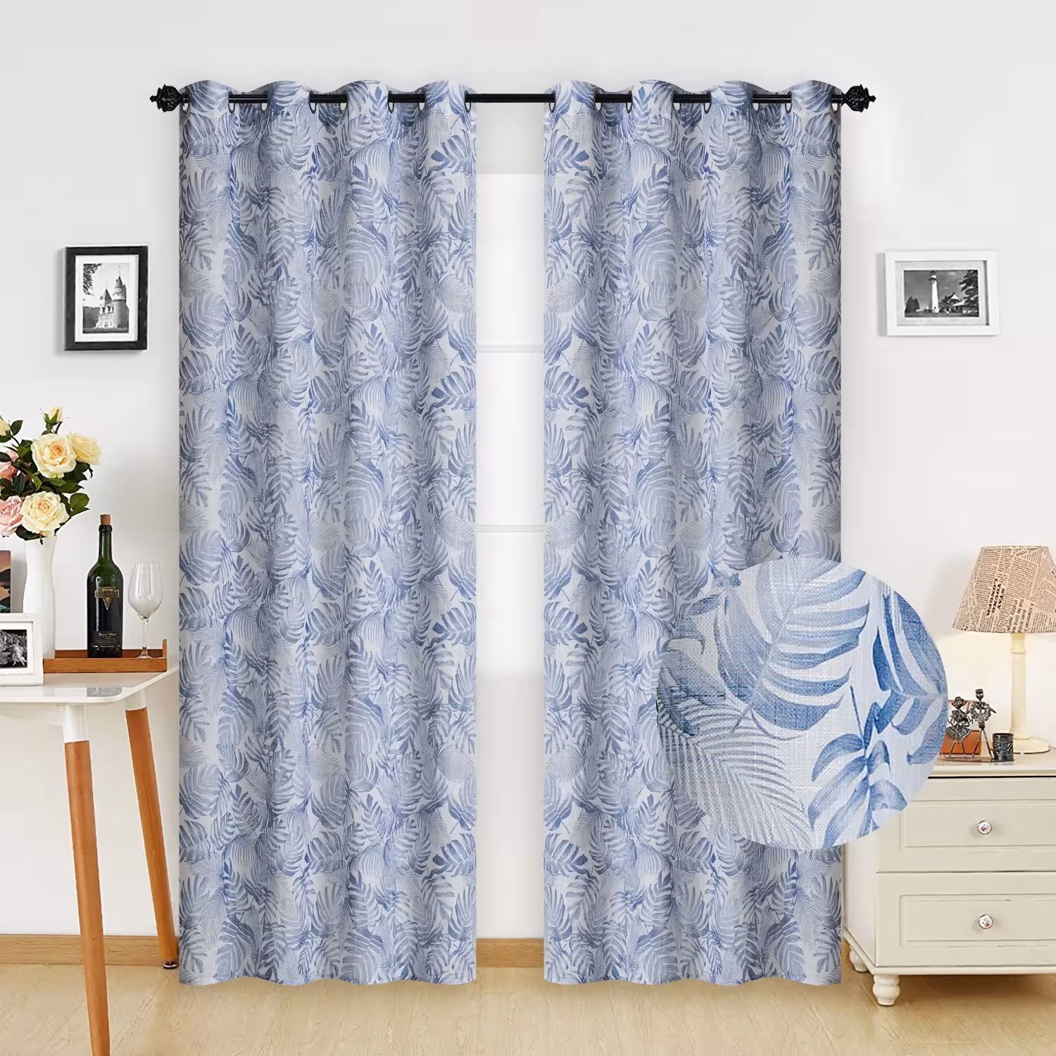 100% natural linen curtains with a tropical leaf pattern, 140x260cm, decorative with tassels