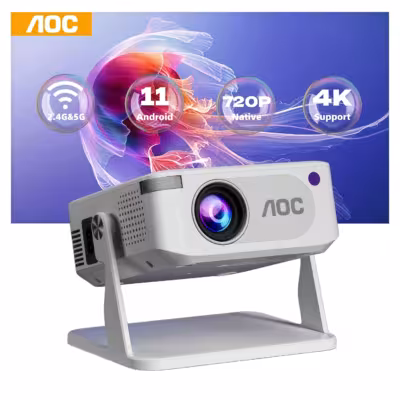AOC HA109-PRO Portable Mini Projector with 270° Stand, Wi-Fi 6, Android 11, 200 ANSI Lumens, Native 720p, 4K HDR10 Support, Auto Keystone Correction, Wireless Screen Mirroring—Ideal for Home Theater, Bedroom, and Ceiling Mounting 1