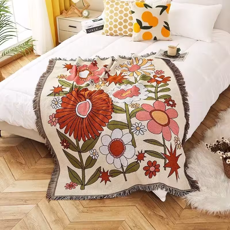 Vintage floral blanket with tassels