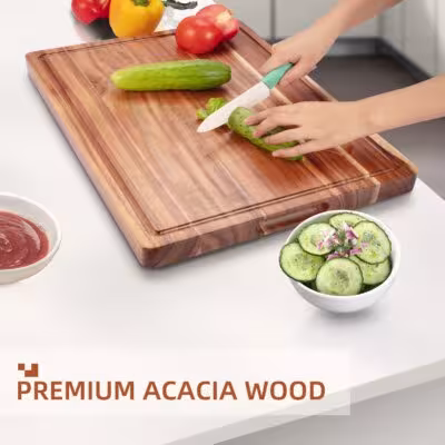 Acacia Large Wood Cutting Board 1.5 Inches Thick Butcher Block Cheese Charcuterie Board with Side Handles and Juice Grooves 1