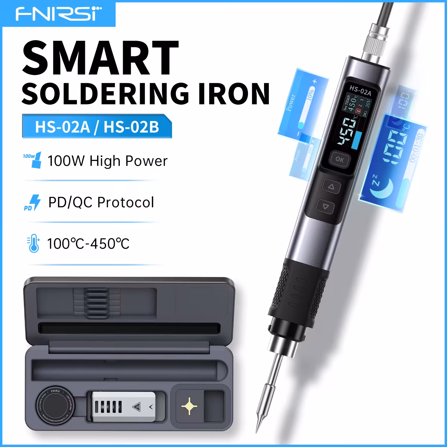 FNIRSI HS-02 adjustable temperature soldering iron, 100-450°C, PD 100W, LED display