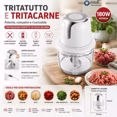 180W Rechargeable Electric Food Chopper 1.2L Large Capacity Meat Grinder with 4 Stainless Steel Blades USB-C Portable Vegetable Cutter for Kitchen 1