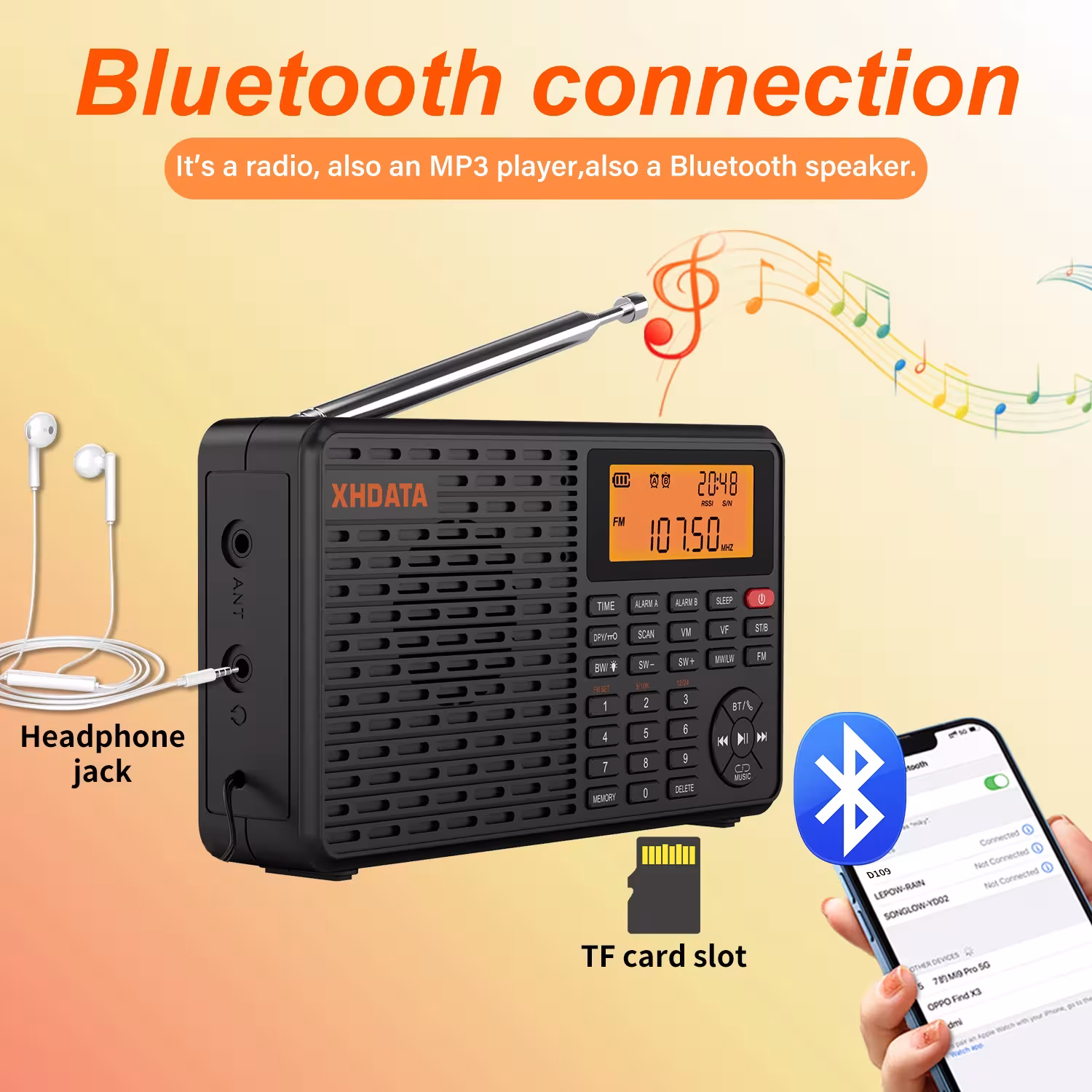 XHDATA D109 pasaulio bangų radijas DSP AM FM SW LW su Bluetooth garsiakalbiu ir MP3 grotuvu