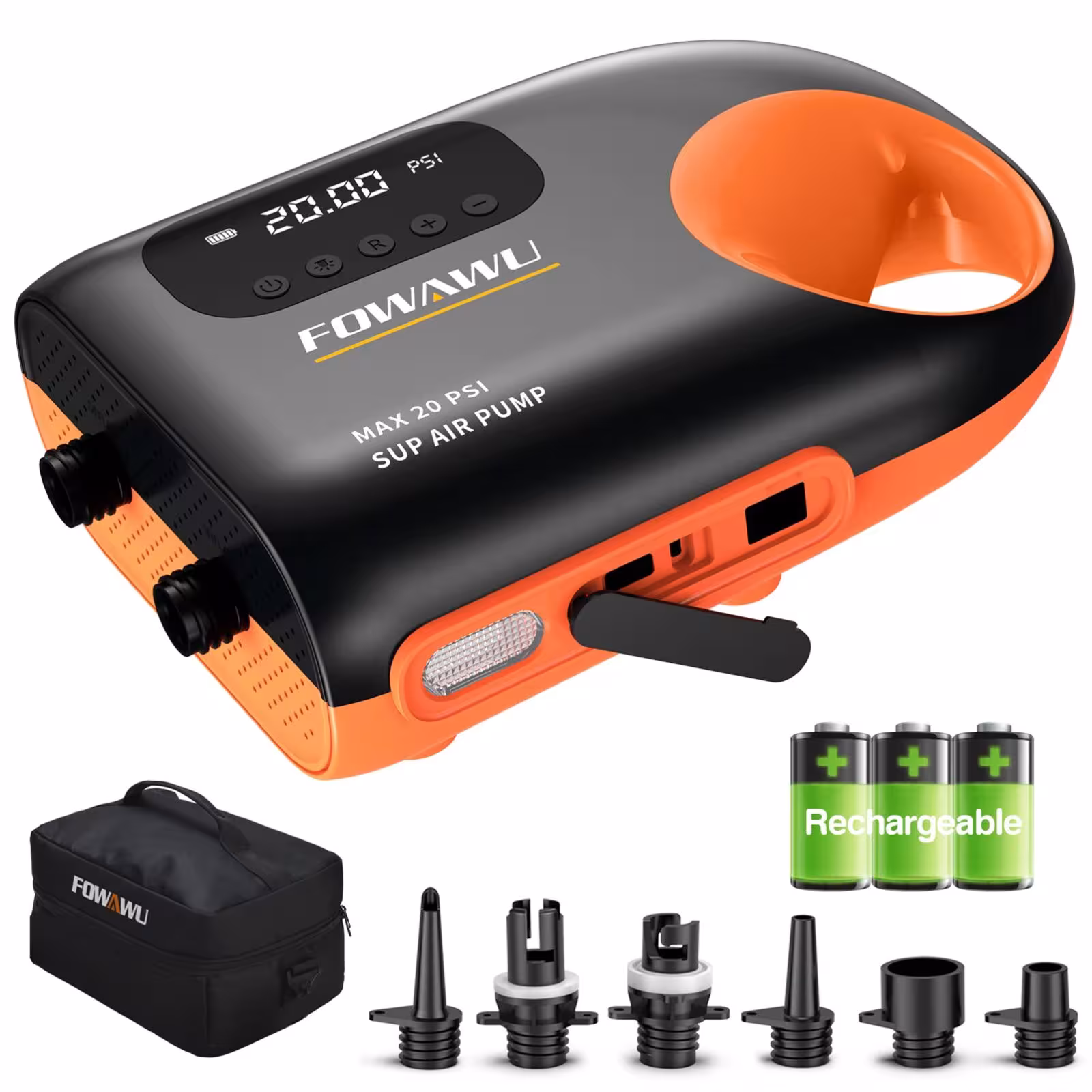 FOWAWU elektrinė SUP pompa 7800×3 mAh, iki 20 PSI, pripučiama irklentėms ir kajakams