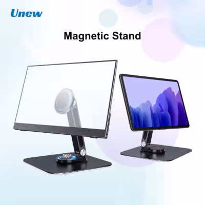 Unew Premium 360° Rotatable Magnetic Stand Black Metal Holder for 7-21.5 inch Portable Monitor iPad iPhone Tablet Stable 3KG 1