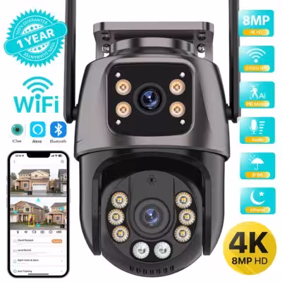 4K 8MP HD Wifi PTZ Camera Outdoor 4MP Dual Lens Dual Screen AI Auto Tracking IP Camera CCTV Audio Video Surveillance P2P iCSee 1