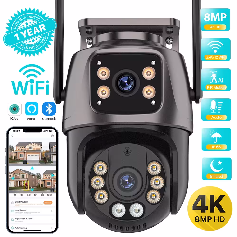 Caméra WiFi PTZ extérieure 4K 8MP, double objectif, suivi IA, deux bandes d'affichage