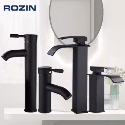 Rozin Matte Black Basin Faucet Deck Mounted Single Lever Bathroom Crane Waterfall Brass Bathroom Tap Hot Cold Water Mixer Taps 1