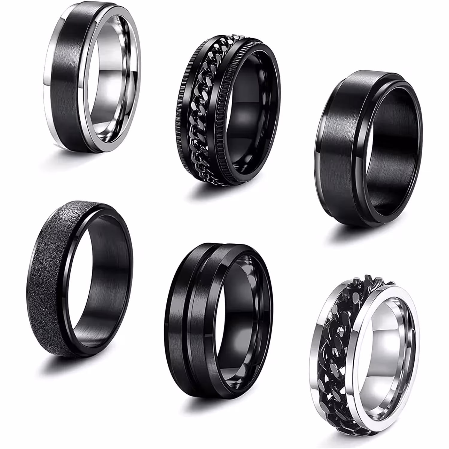 Juego de anillos Bobisty para hombre y mujer, 6 unidades, acero inoxidable, para aliviar el estrés